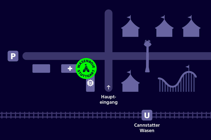 Lageplan der Wasenboje auf dem Frühlingsfest und dem Cannstatter Volksfest